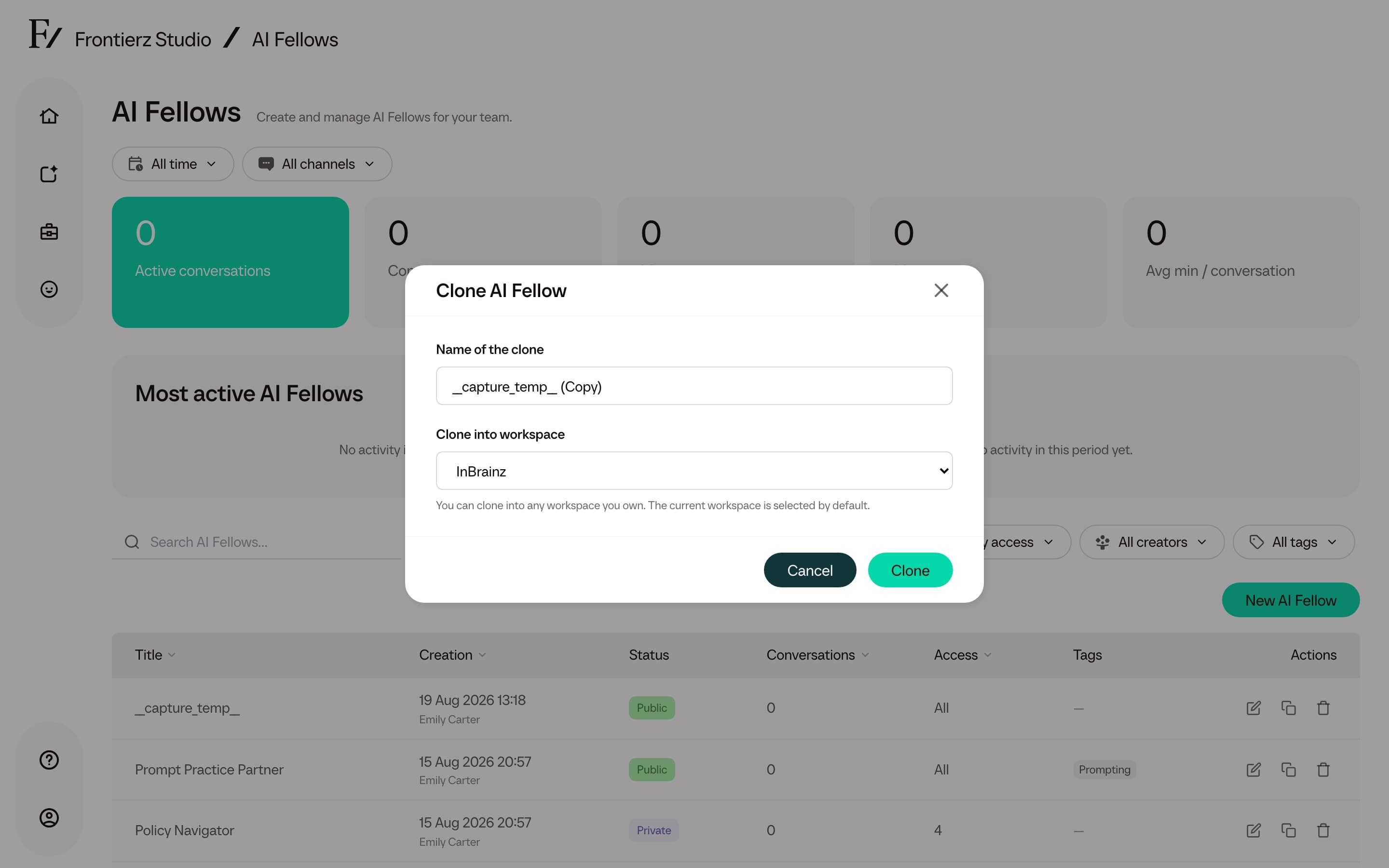 Clone action with destination workspace selection