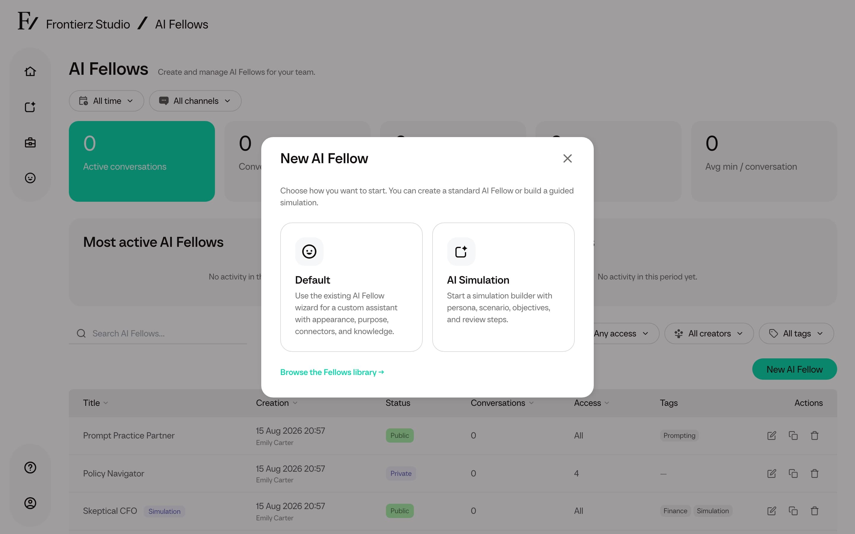 New AI Fellow modal showing the AI Simulation option