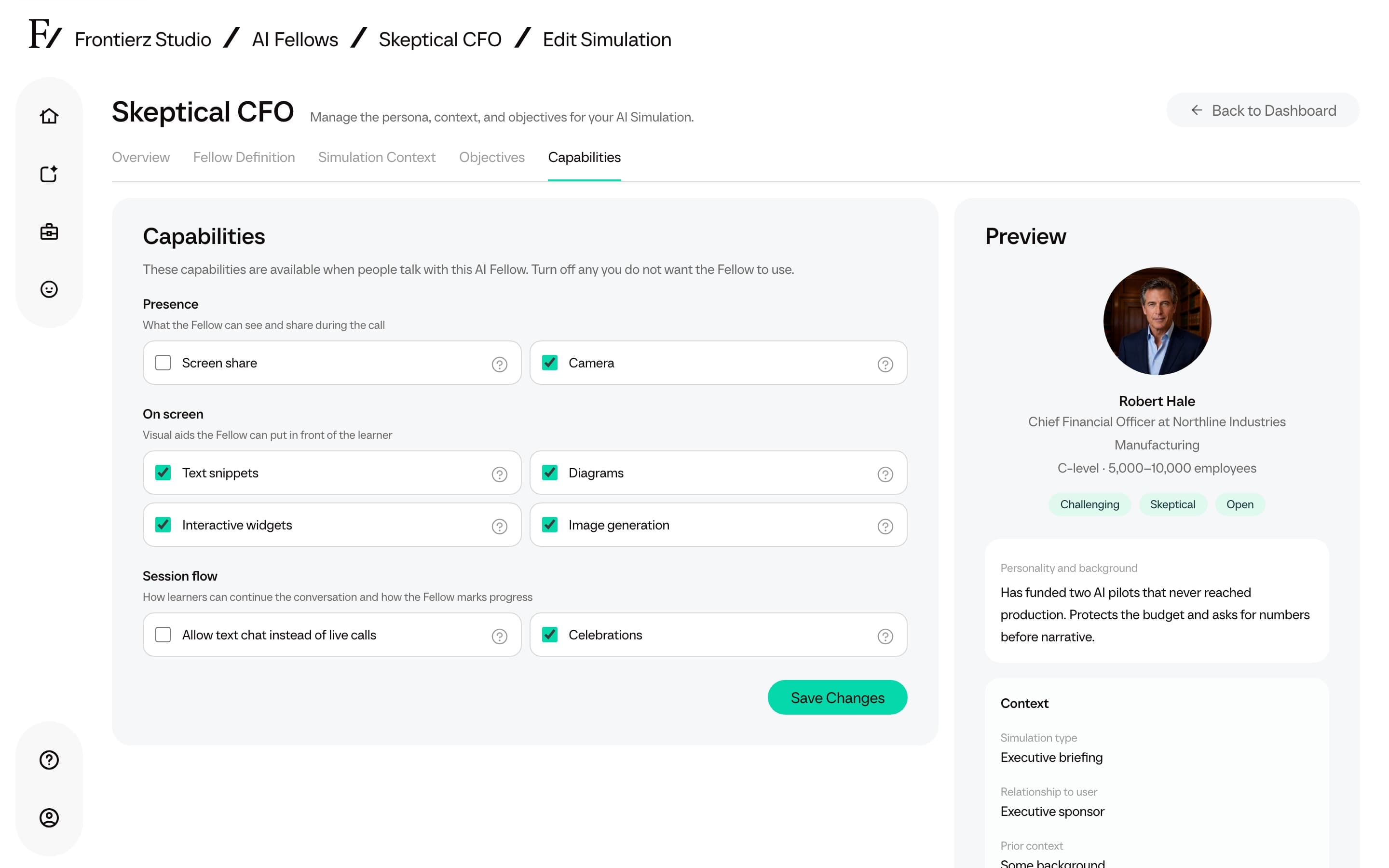AI Simulation Capabilities step with capability groups and Connectors