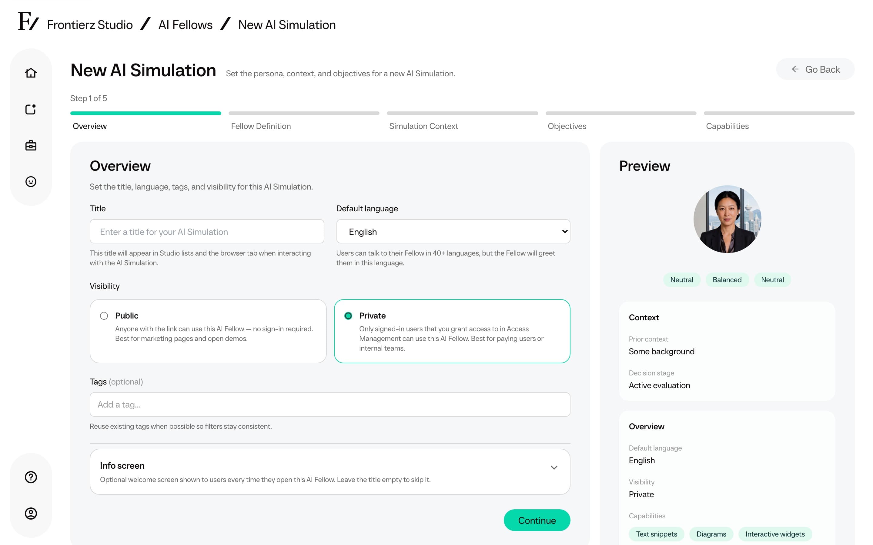 AI Simulation Overview step with title, language, tags, and Info screen