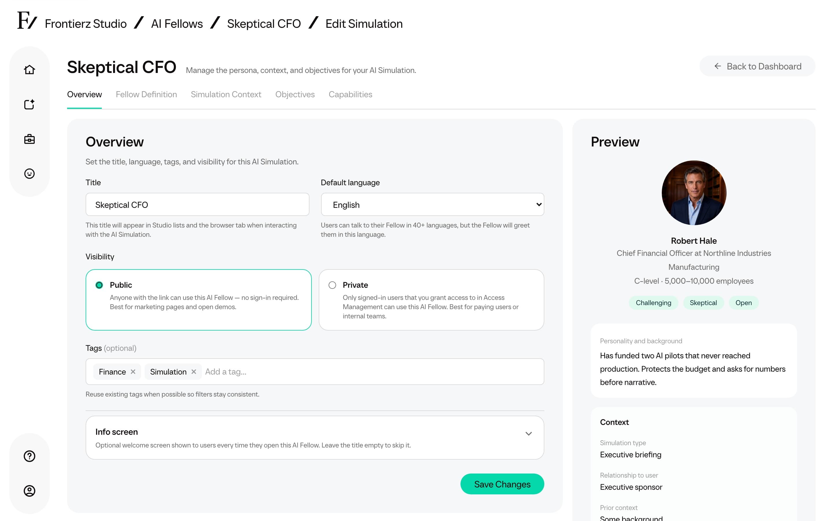 AI Simulation editor Overview tab with Preview