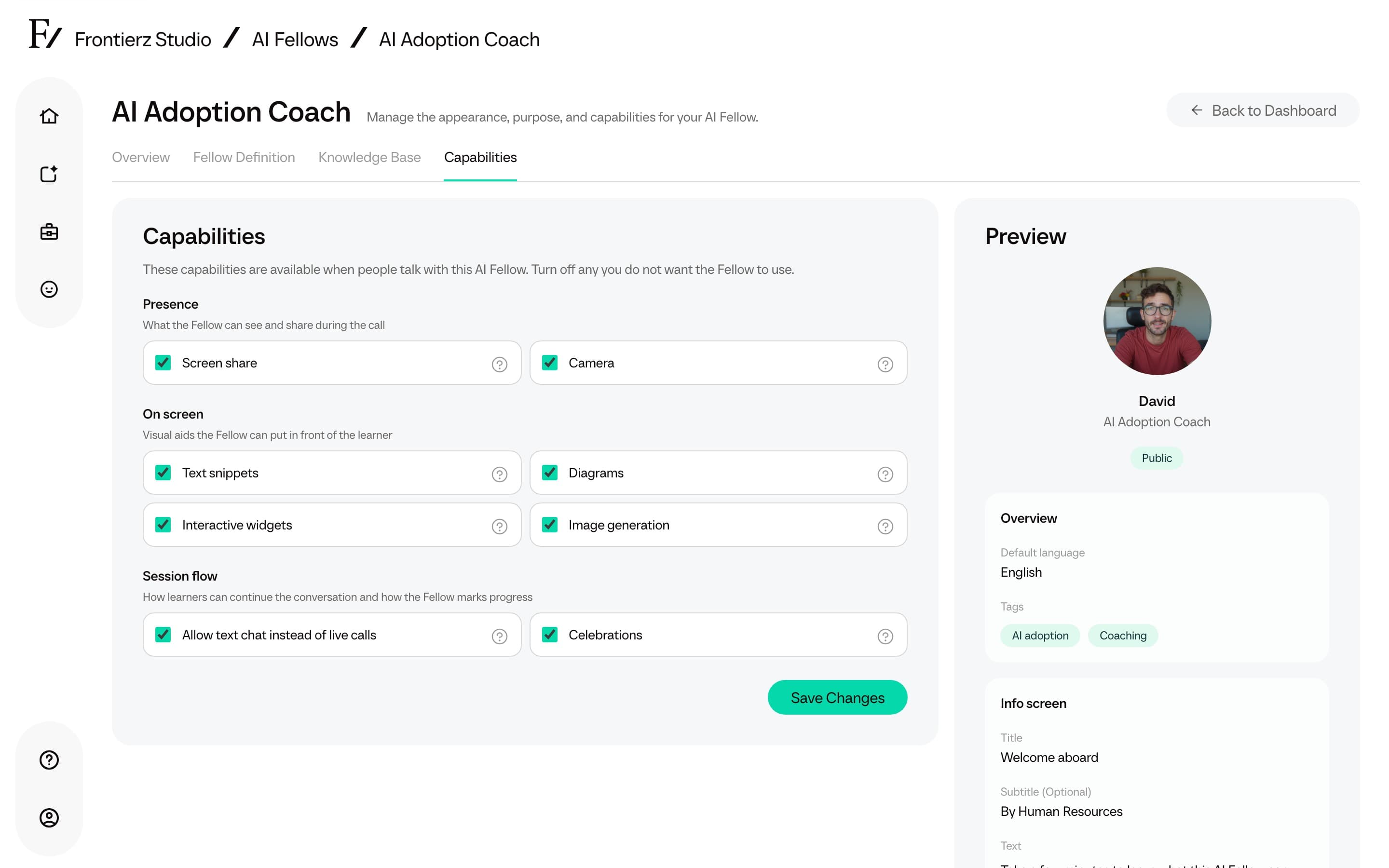 Capabilities panel in AI Fellow editor