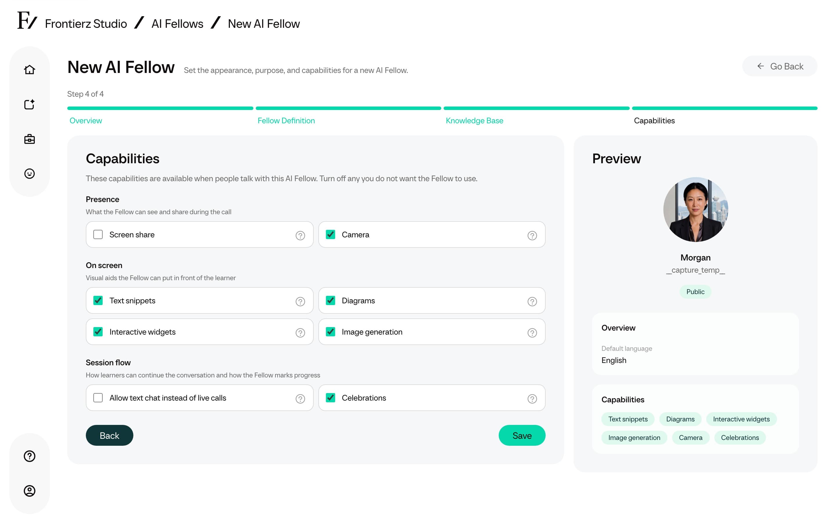 AI Fellow capabilities section with Presence, On screen, and Session flow groups