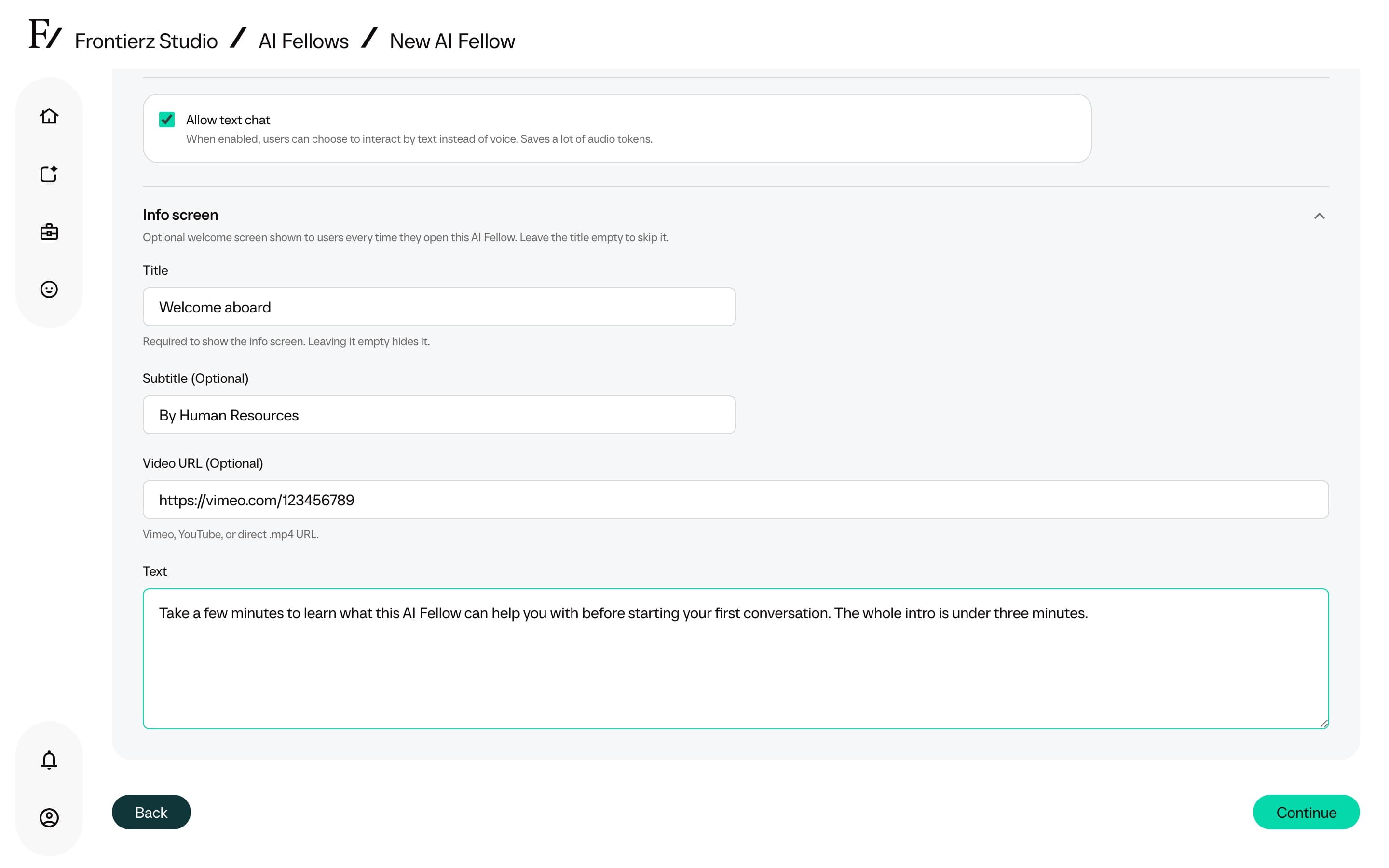 Info Screen fields inside the AI Fellow editor