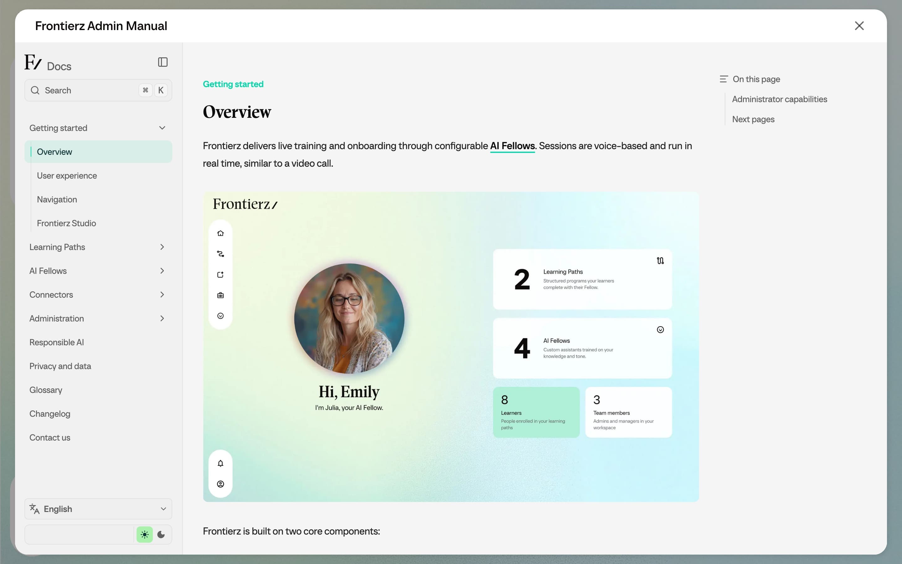 Help open in a full-screen panel showing the Frontierz Admin Manual