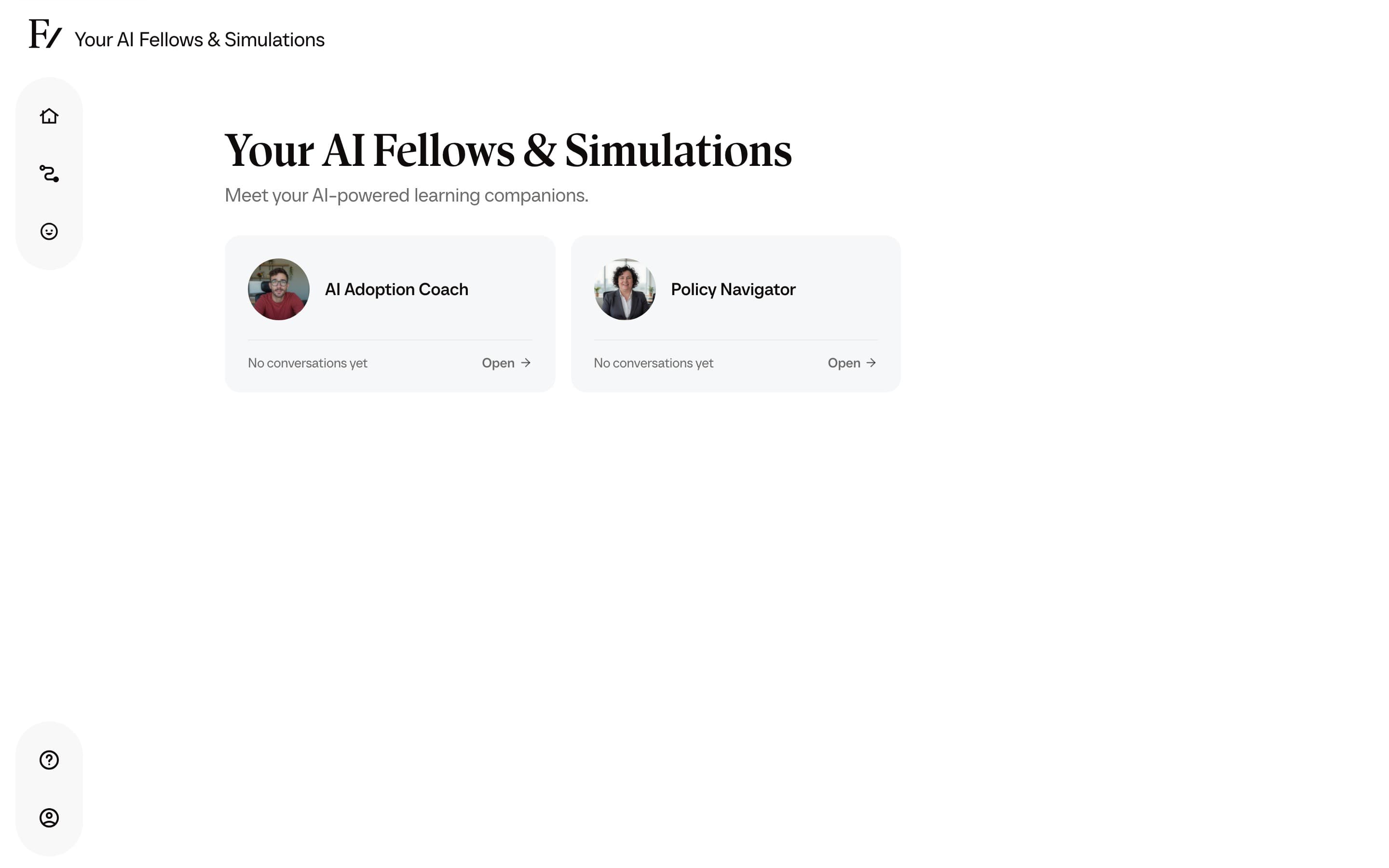 The Your AI Fellows and Simulations list a user sees when granted access to several AI Fellows
