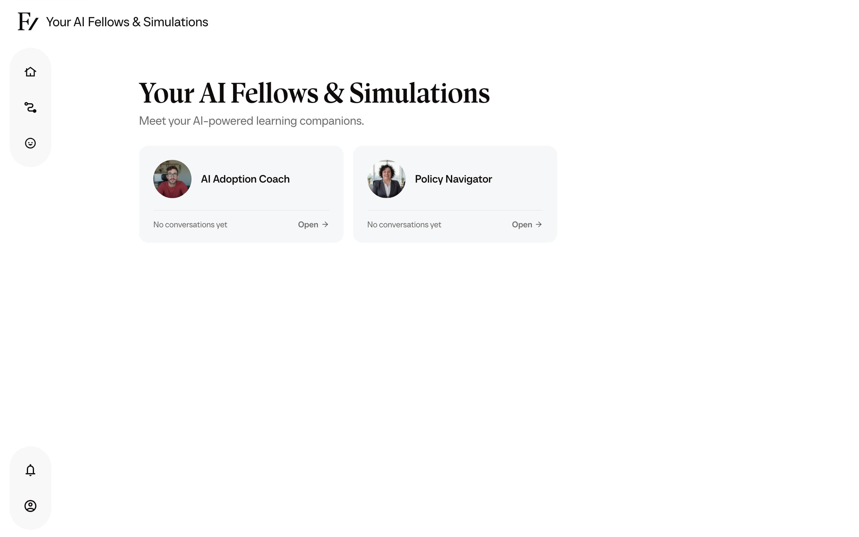 The Your AI Fellows and Simulations list a user sees when granted access to several AI Fellows