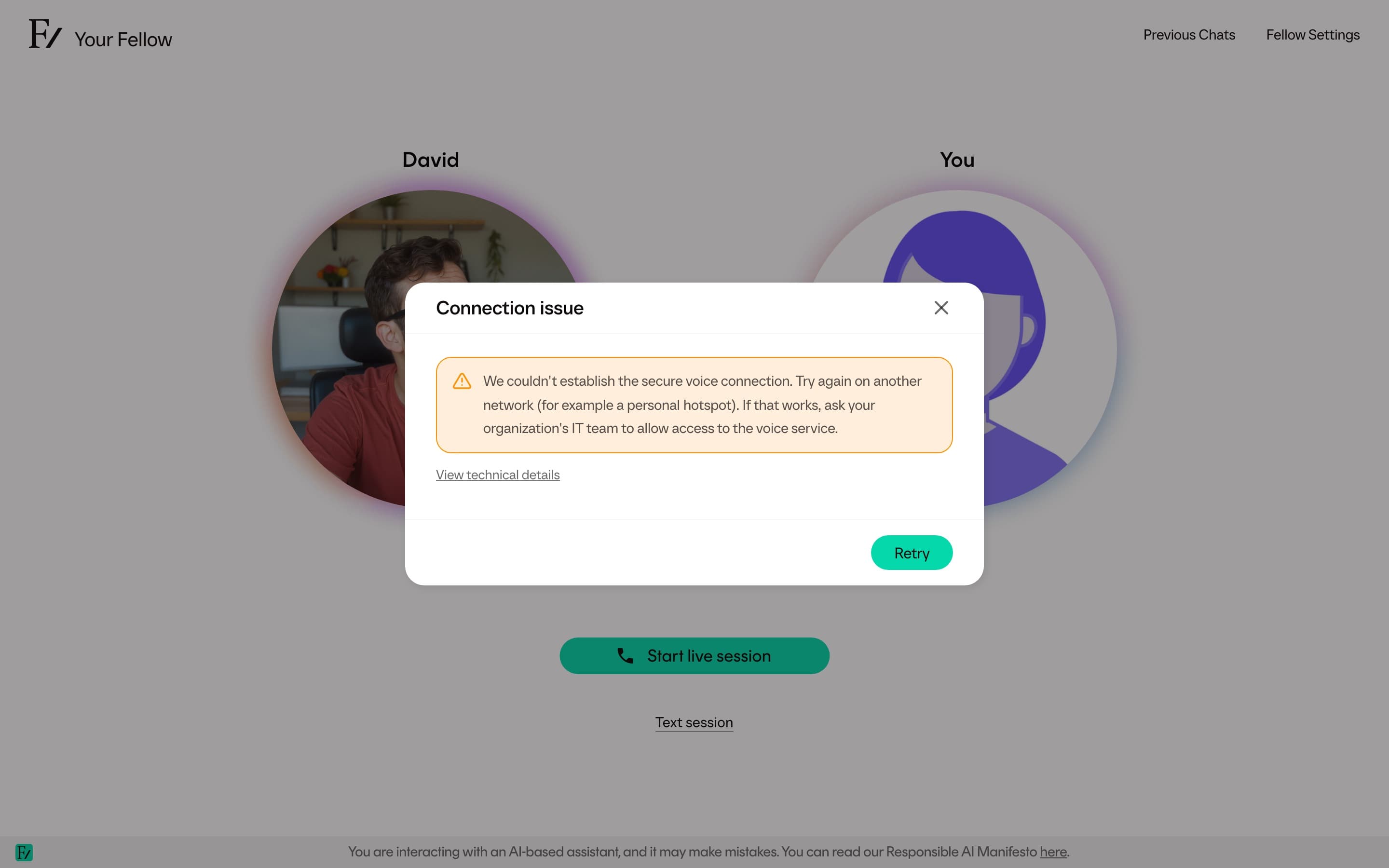 A Previous chats conversation open as a text thread with a Continue in a call button