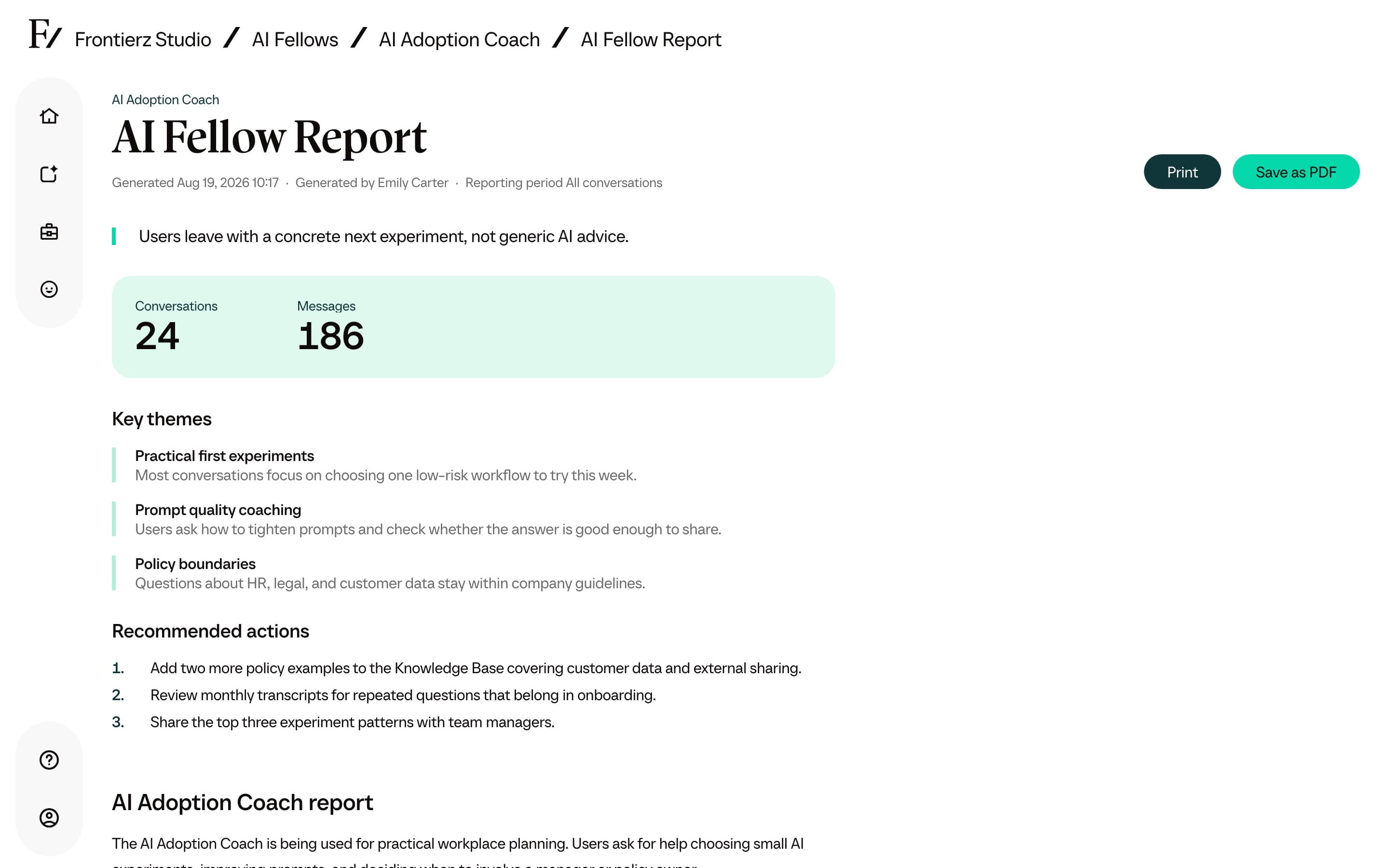 Learning Path report page showing Key themes and Recommended actions