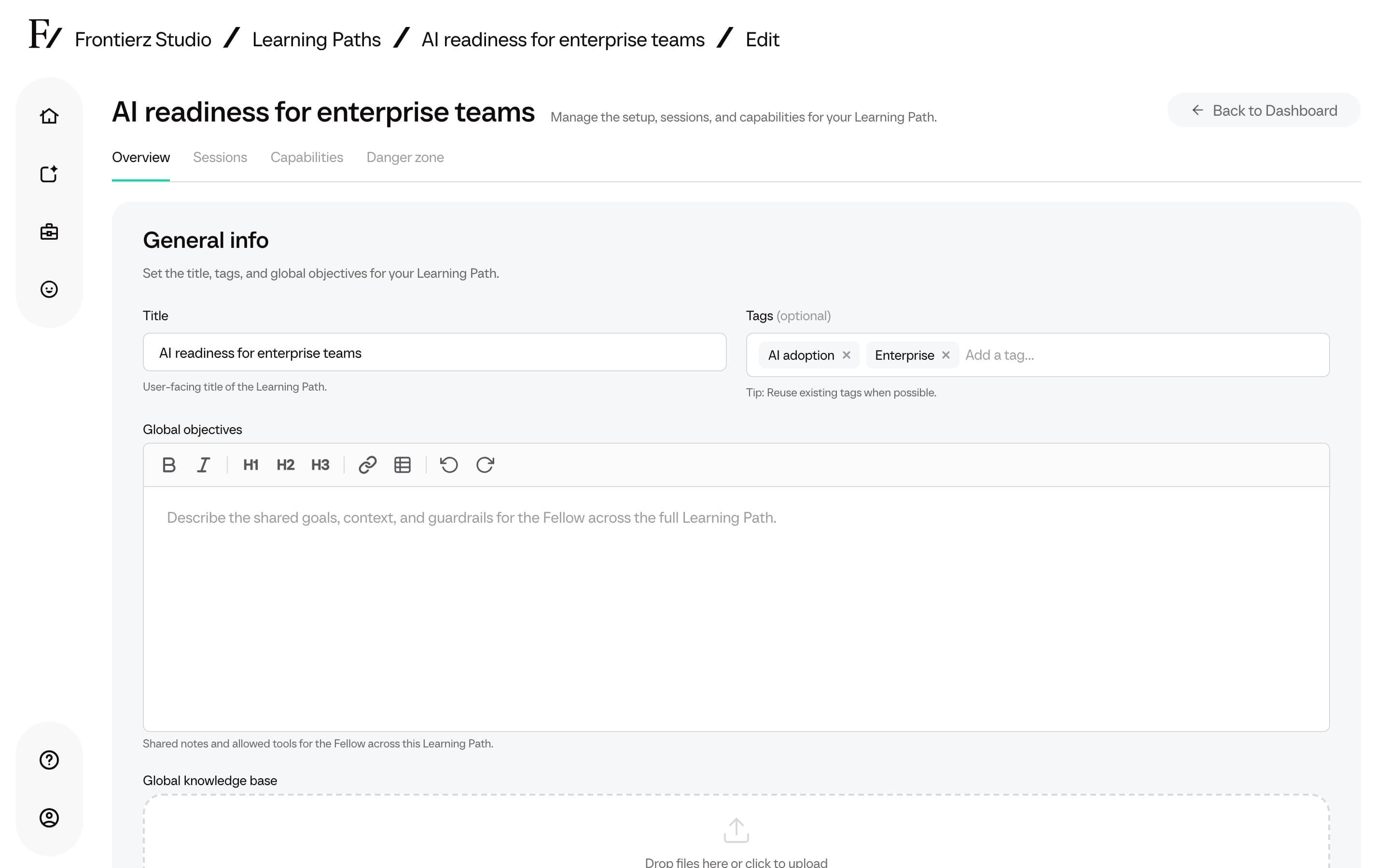 Learning Path editor general info with optional Tags