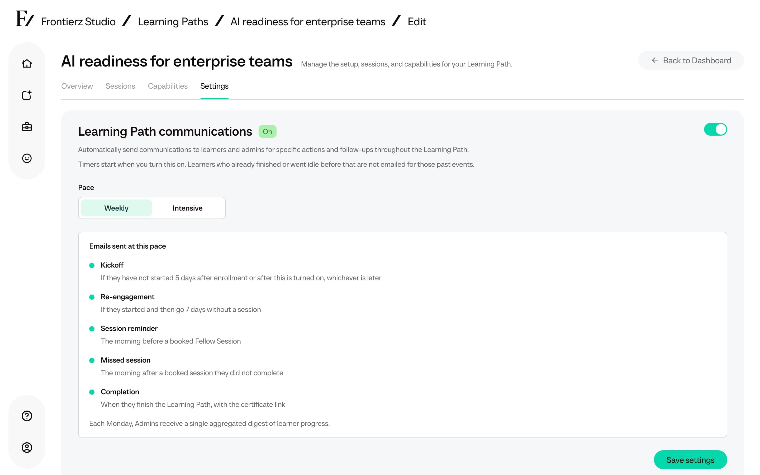 Learning Path communications on Settings, emails on, Weekly pace