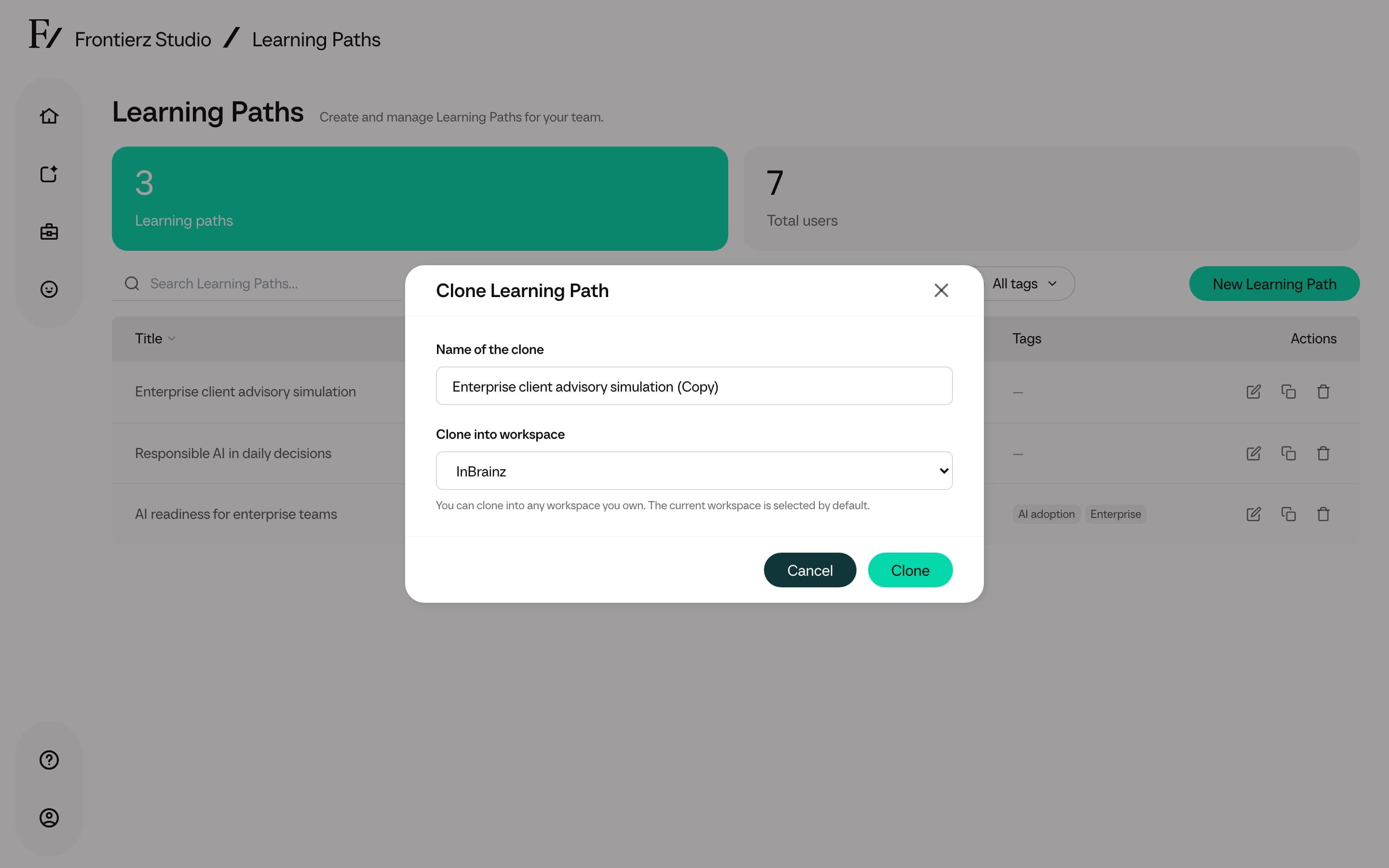 Clone action with destination workspace selection