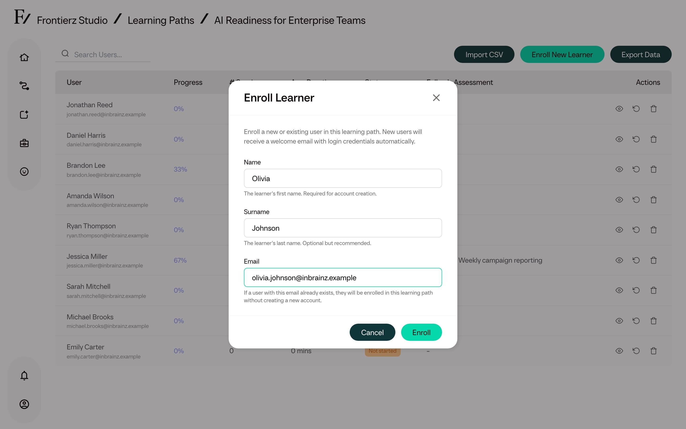 Enroll New User form with name/email fields filled