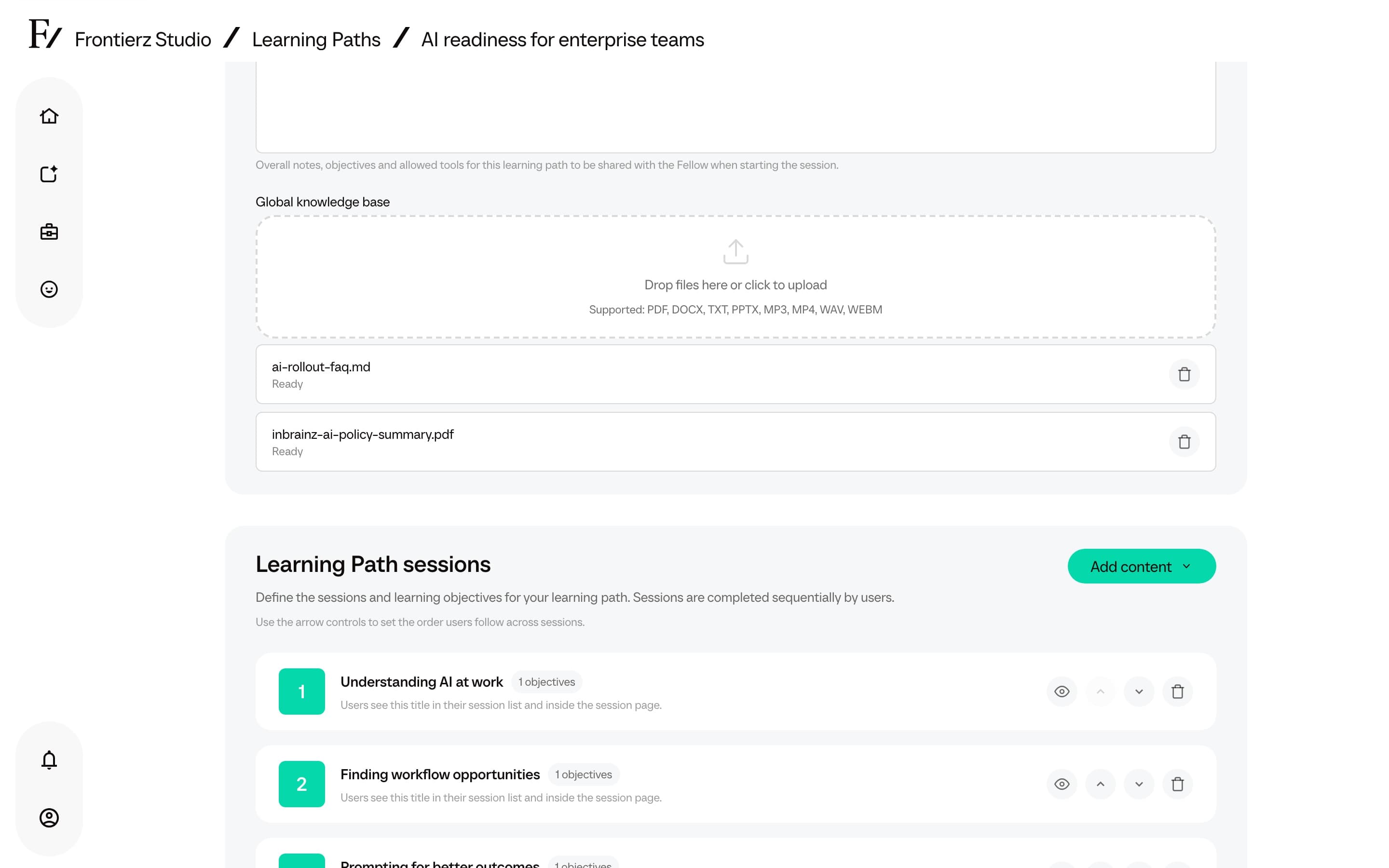 Learning Path editor showing path-level knowledge files