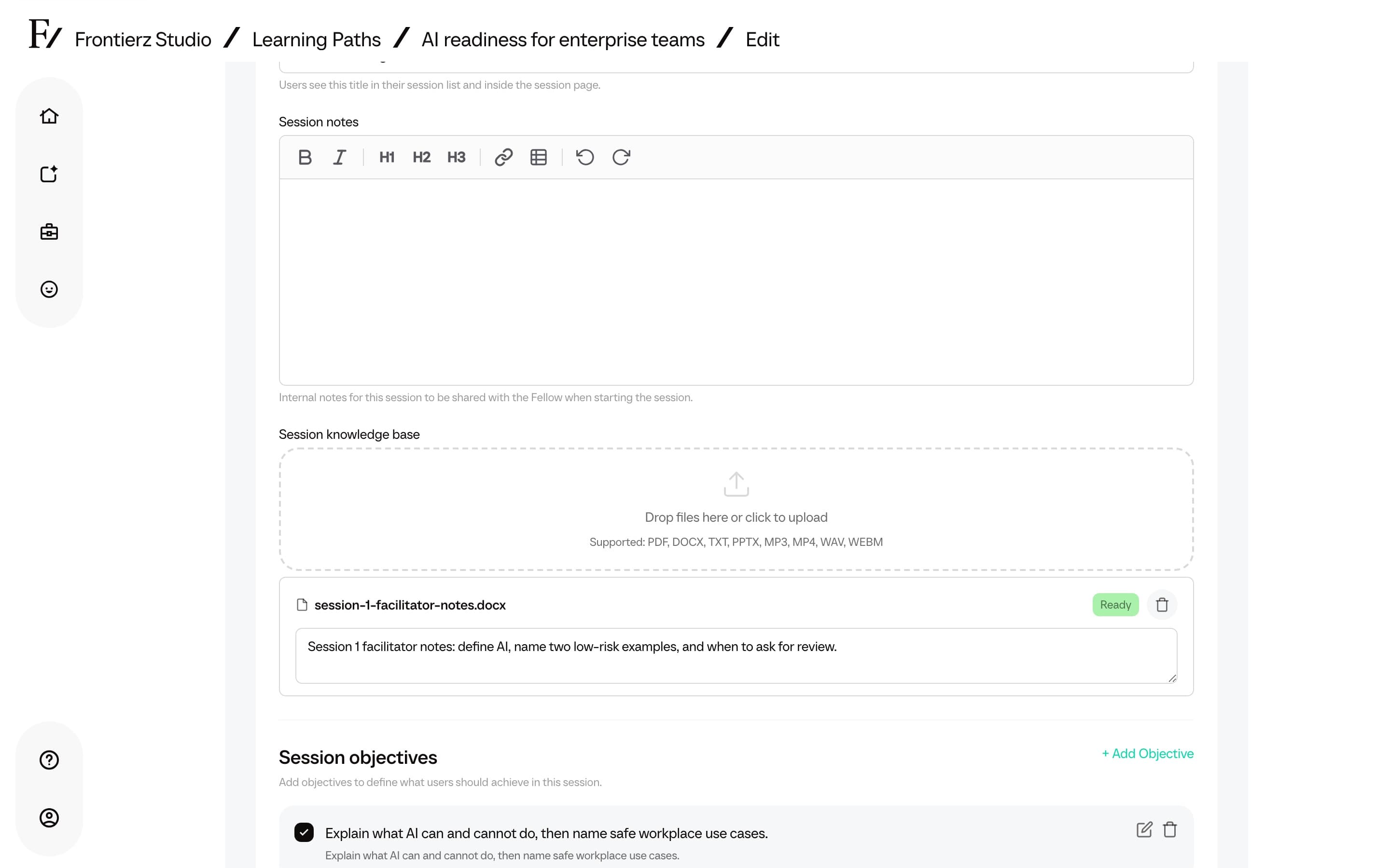 Learning Path session panel showing session-level knowledge files