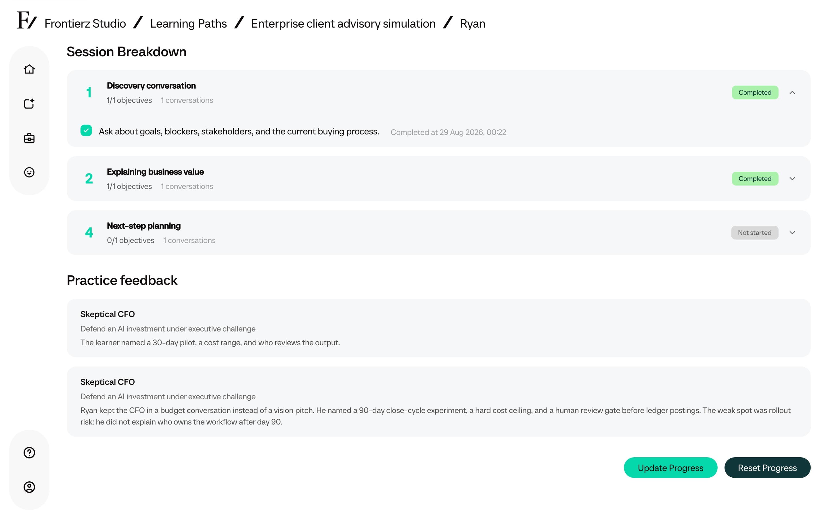Learner detail page with session breakdown and a Practice feedback list