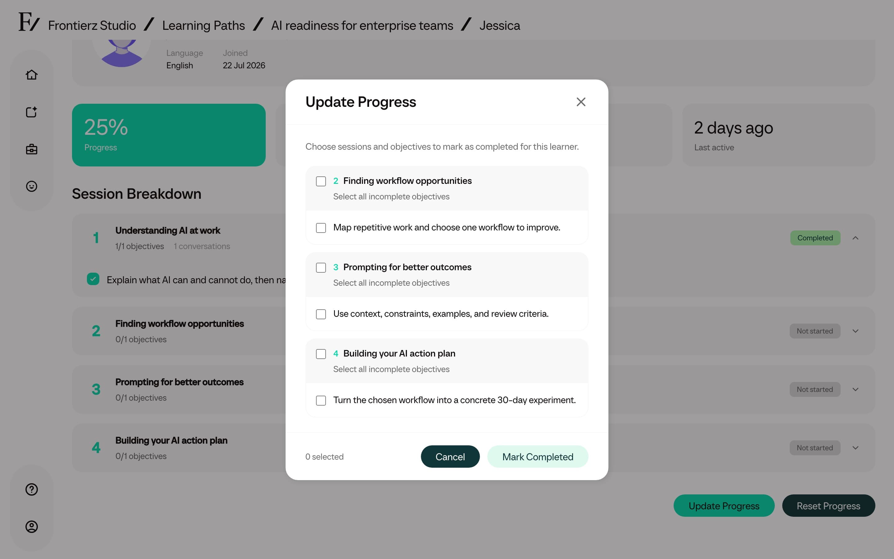 Update Progress modal with incomplete sessions and objectives selected