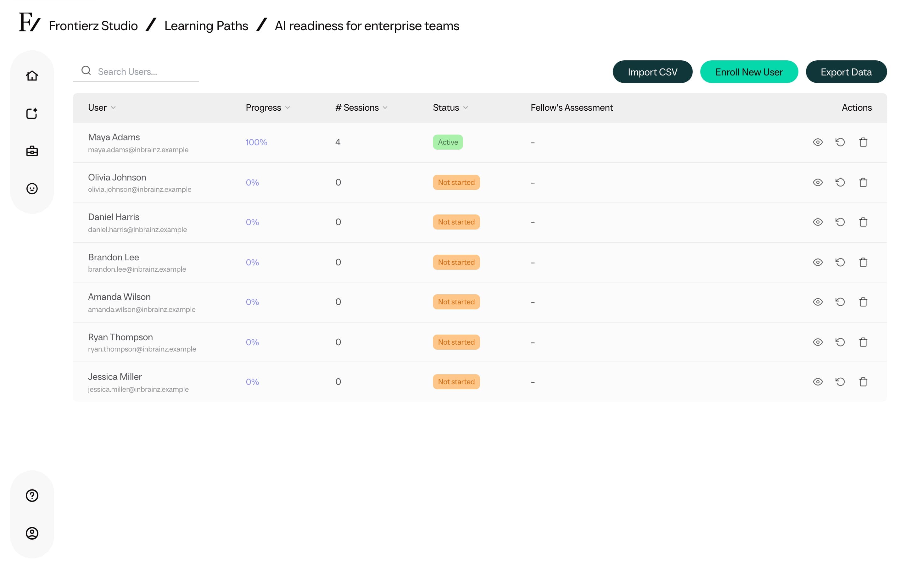 Manage Users table with the Export Data button