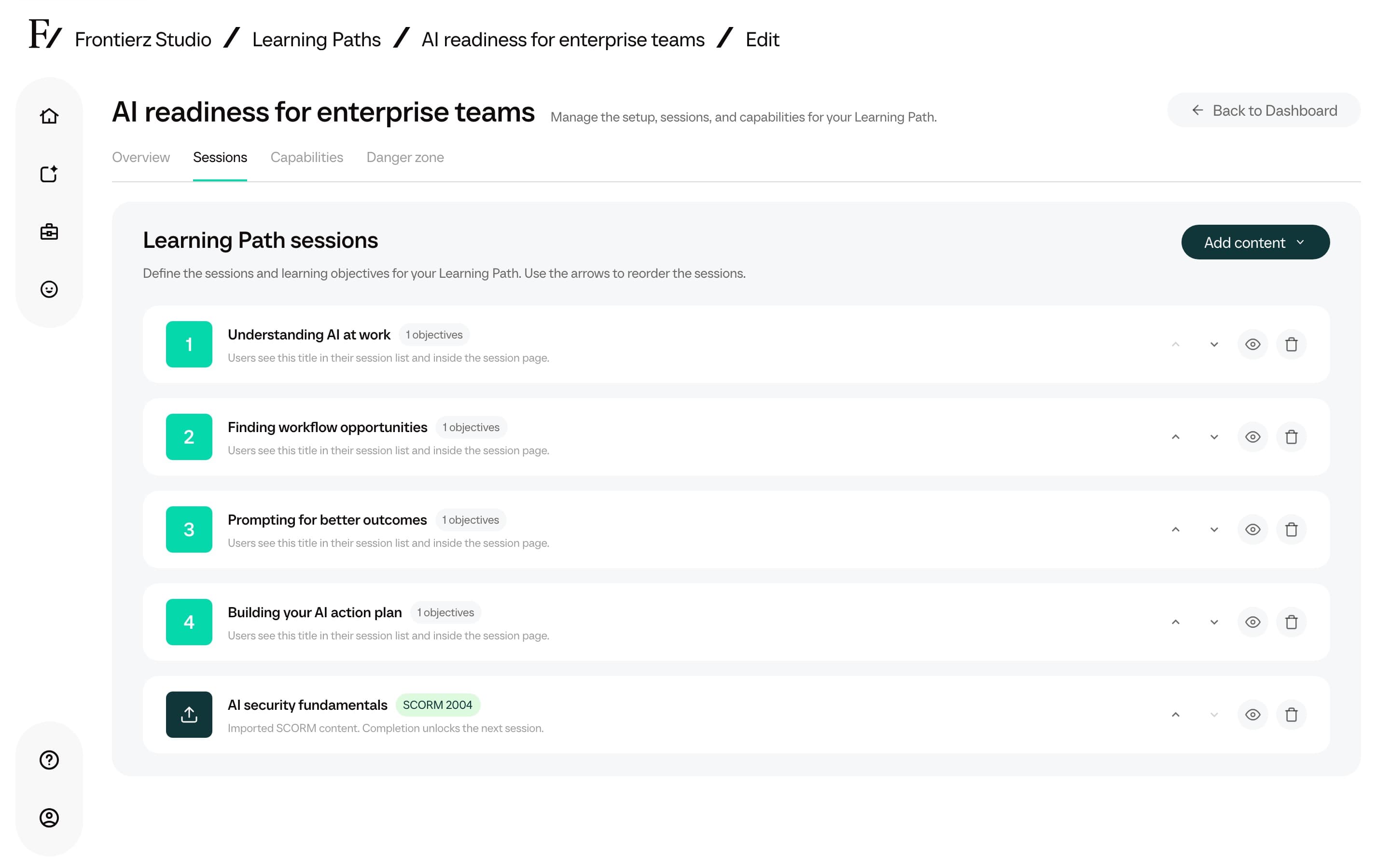 Learning Path editor showing sessions list