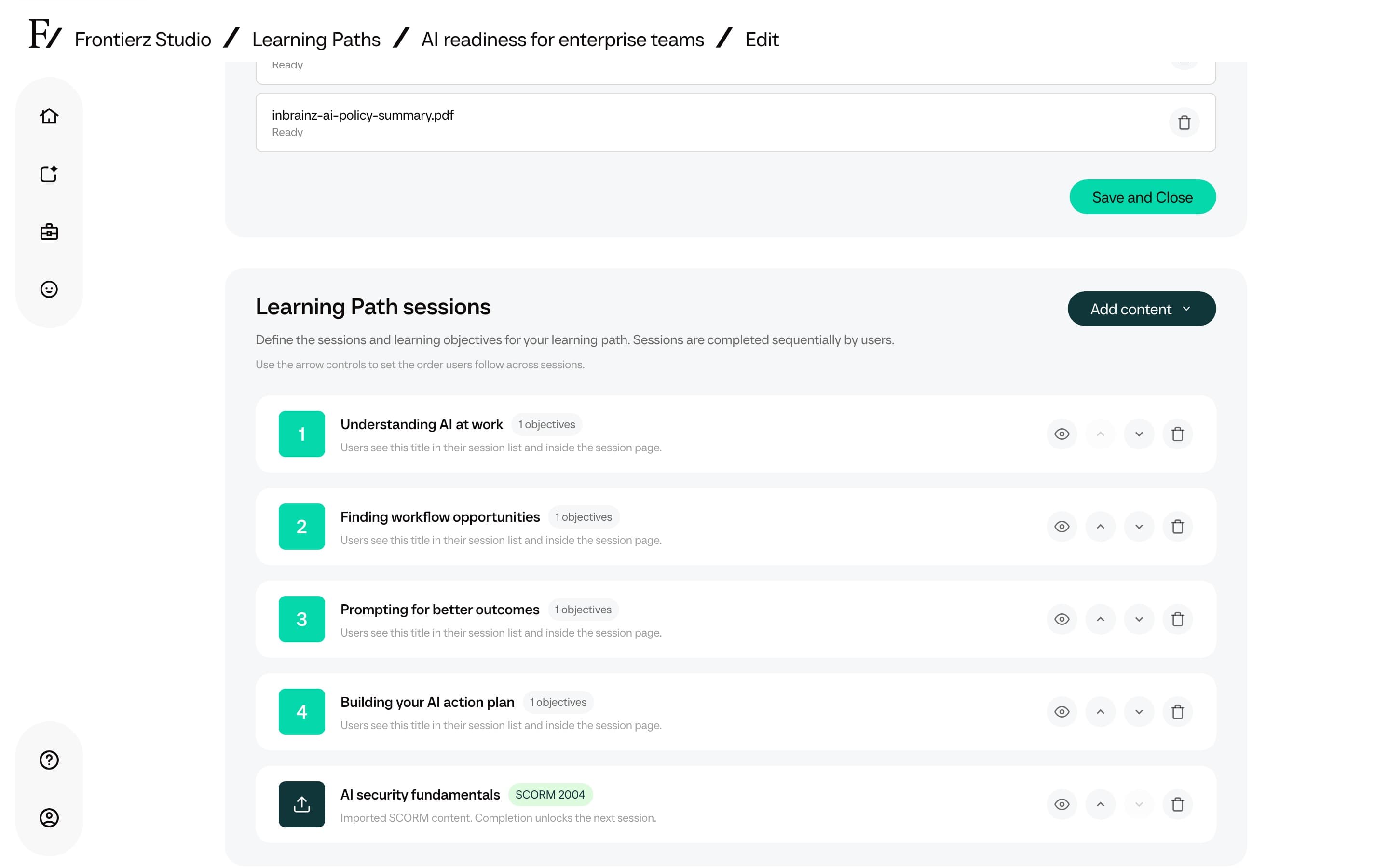 Learning Path session row with the Preview session eye icon