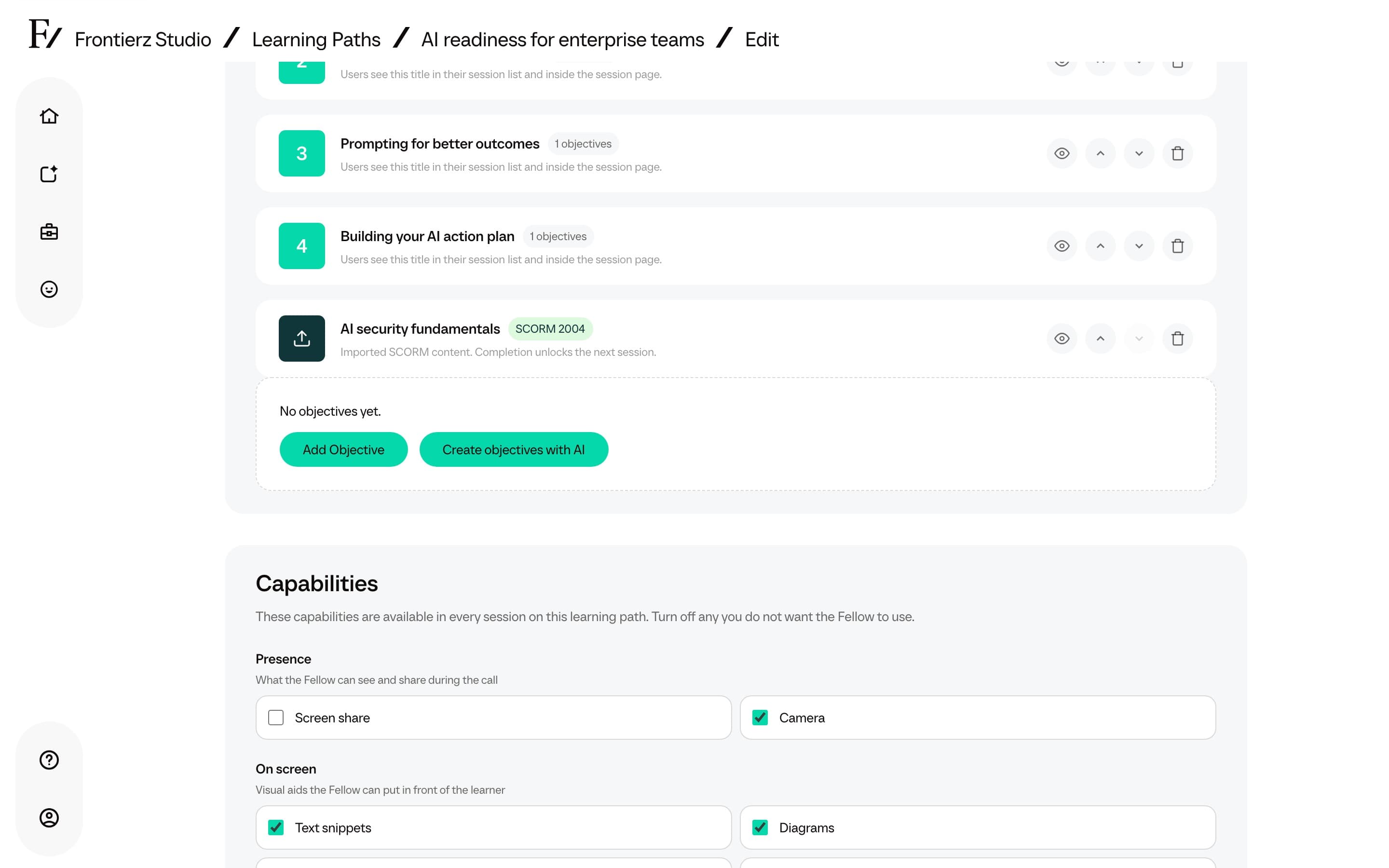 Empty session objectives state with the Create objectives with AI button