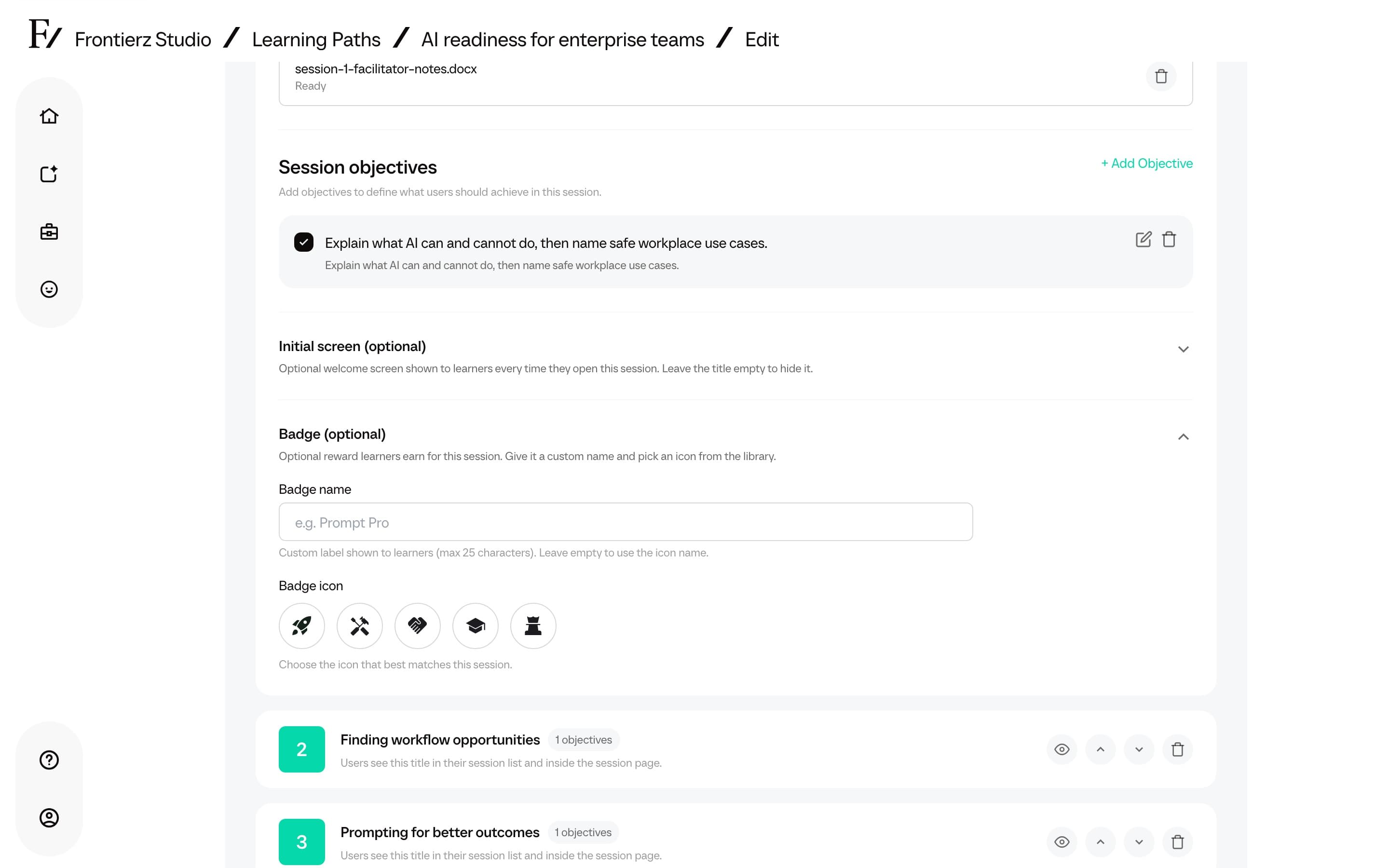 Learning Path session editor with the Badge optional section expanded
