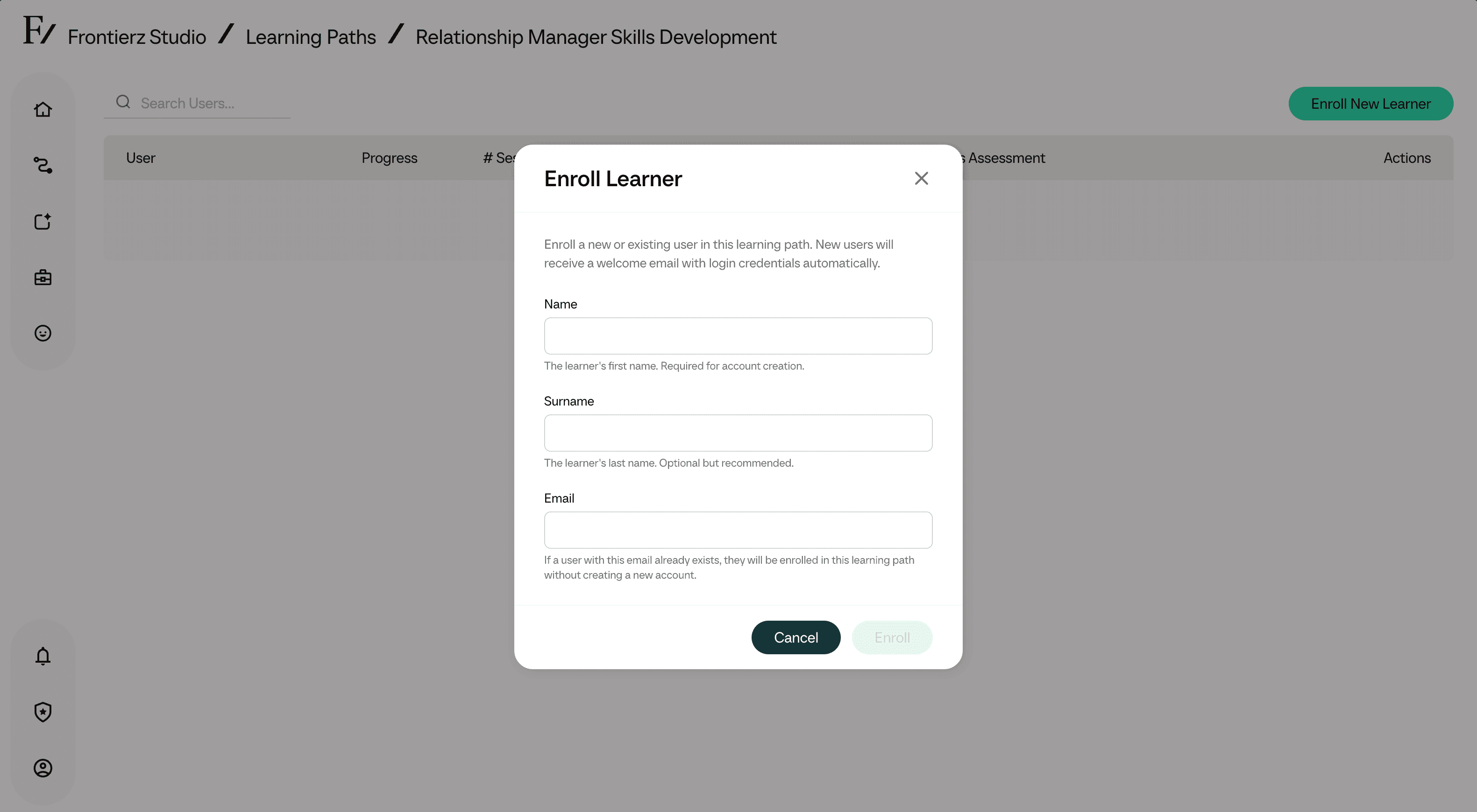 The Enroll New Learner panel