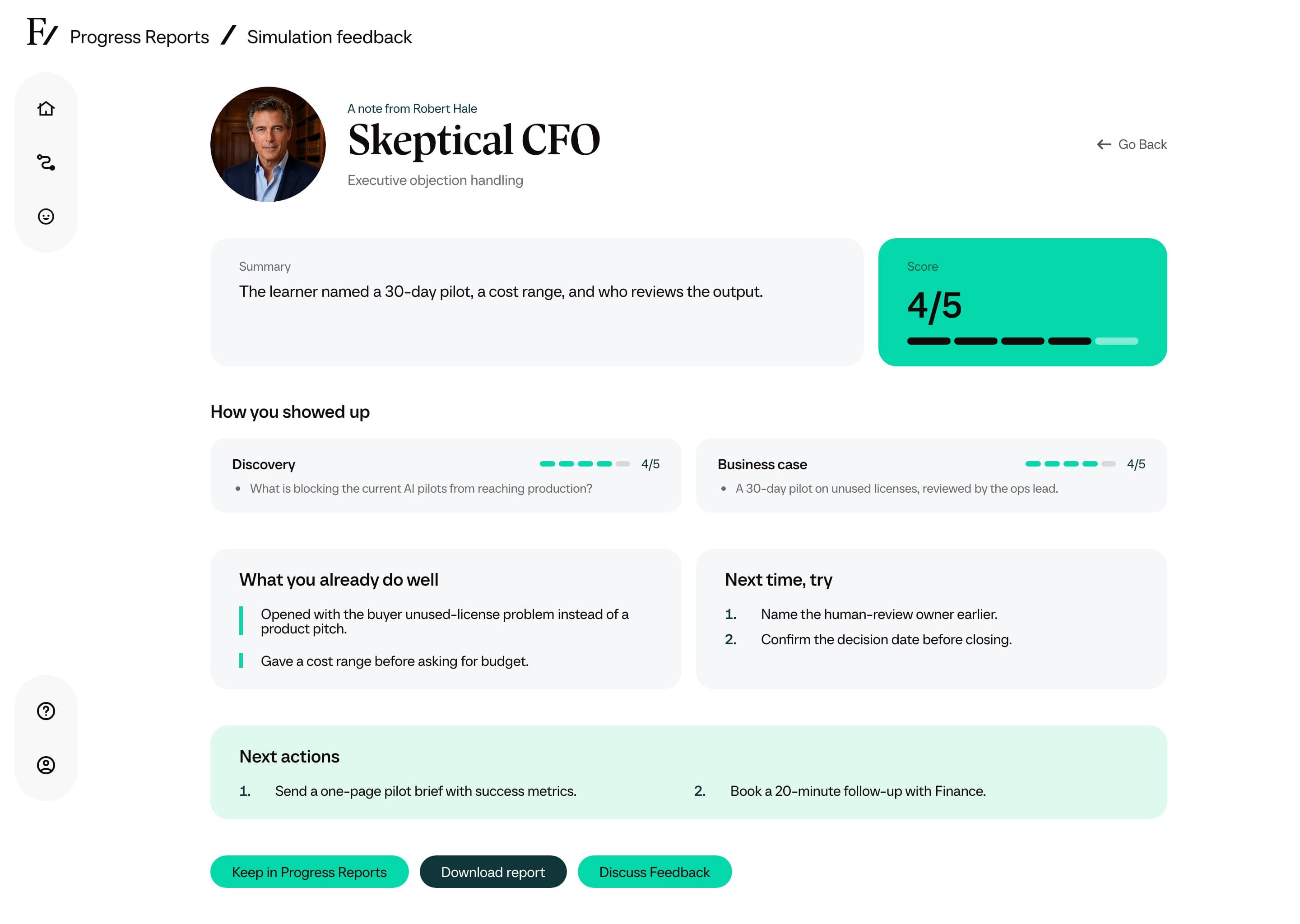 Practice feedback report after an AI Simulation, with Download report and Discuss Feedback