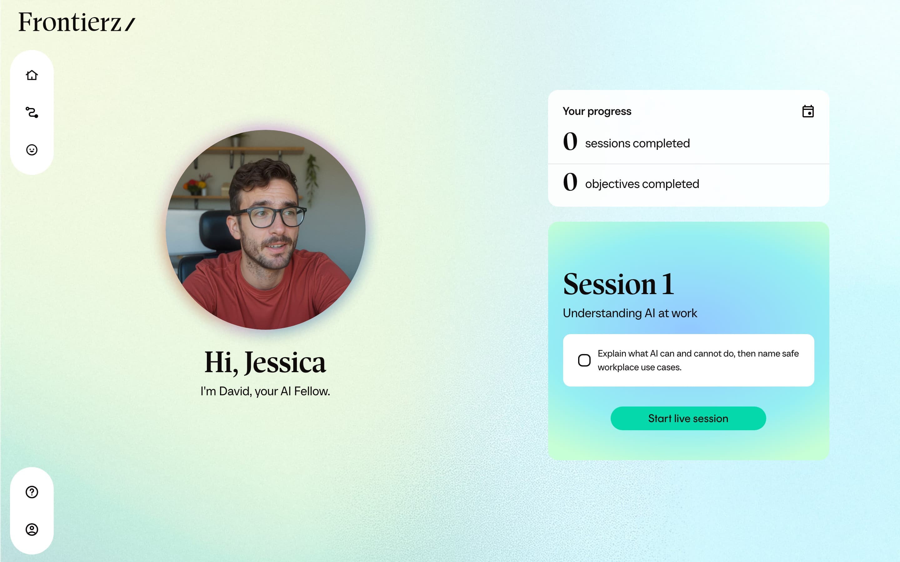 The Frontierz home screen showing the sidebar entries available to a learner