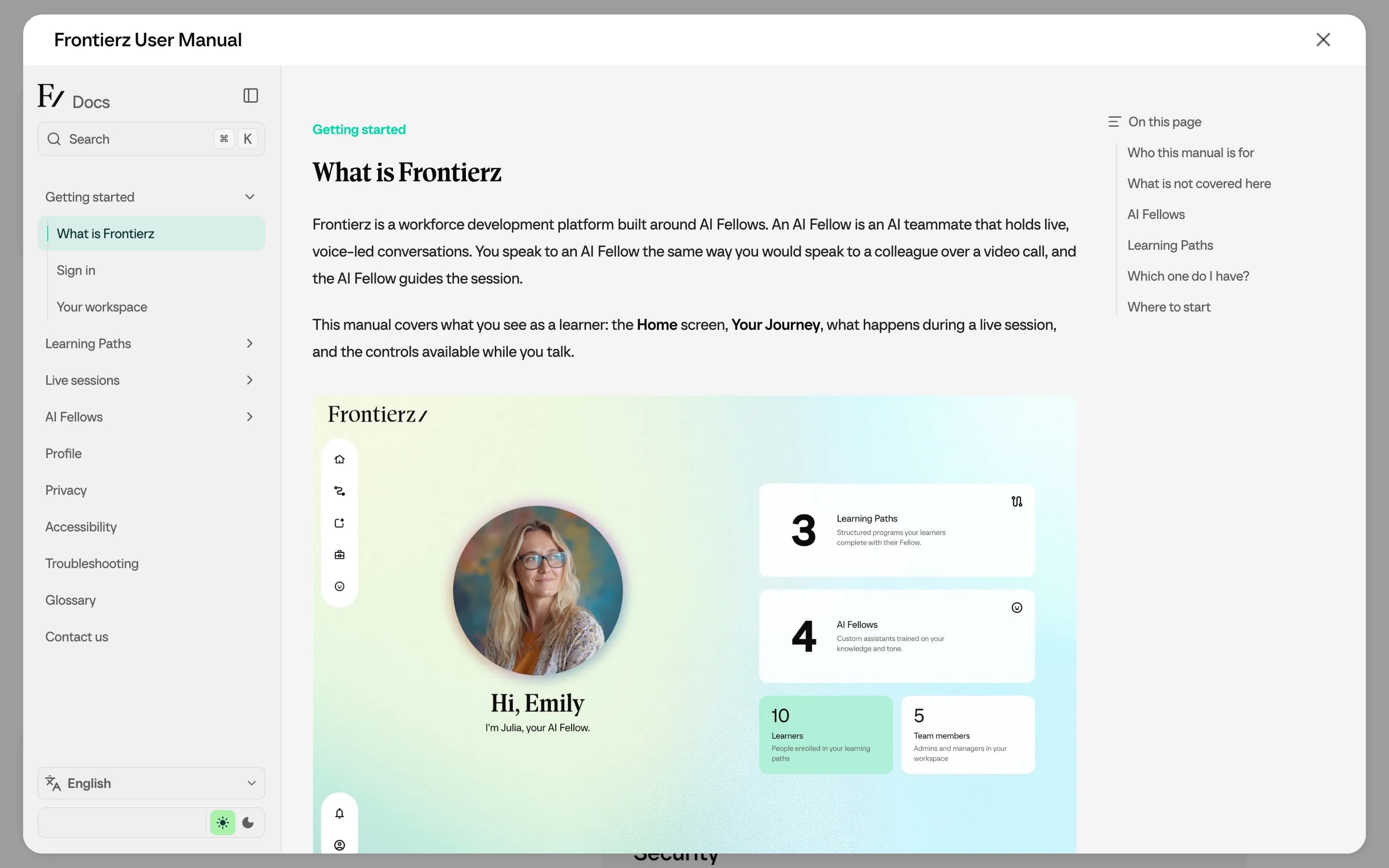 Help open in a full-screen panel showing the Frontierz User Manual