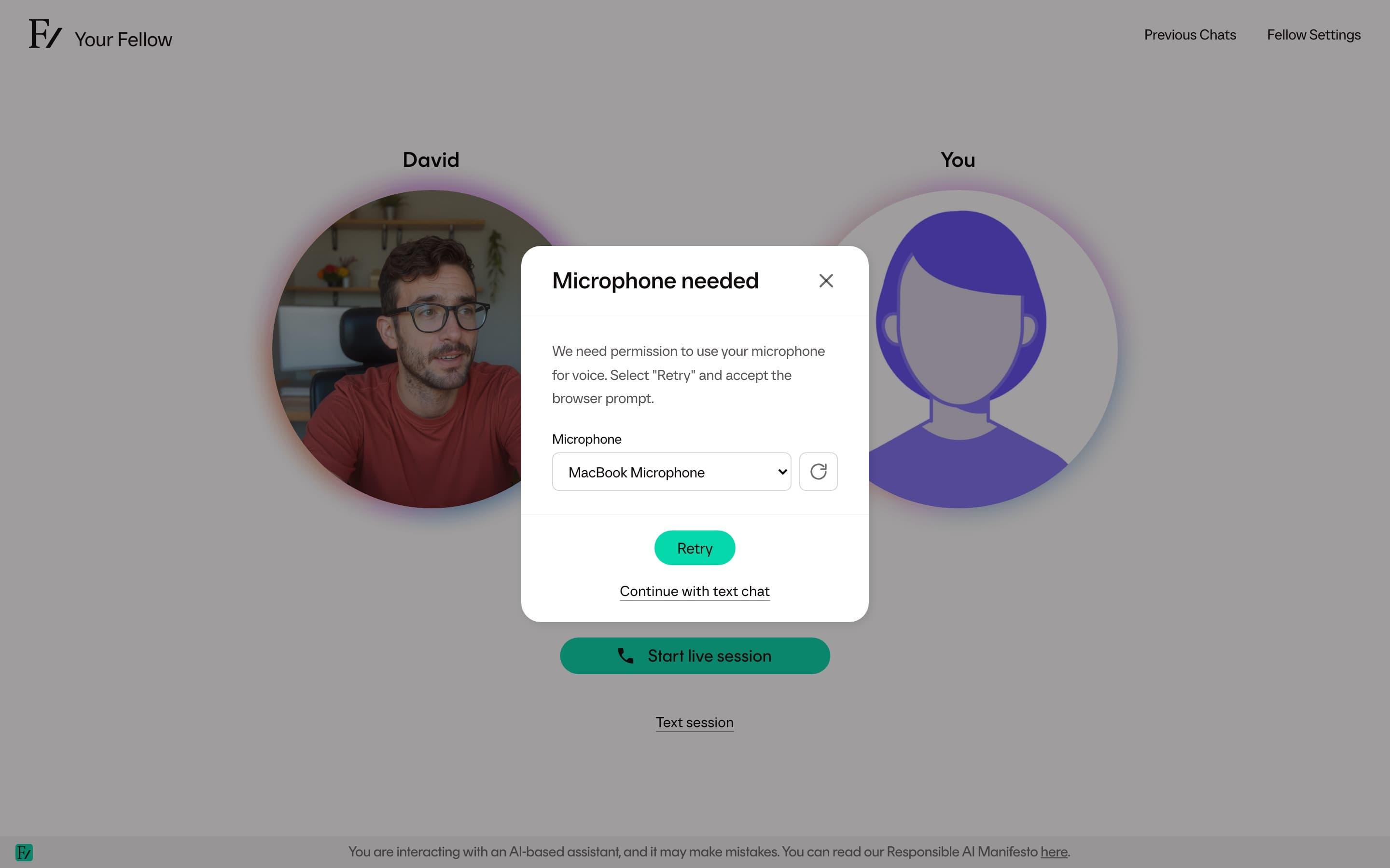 Microphone needed dialog with device, retry, and text chat options
