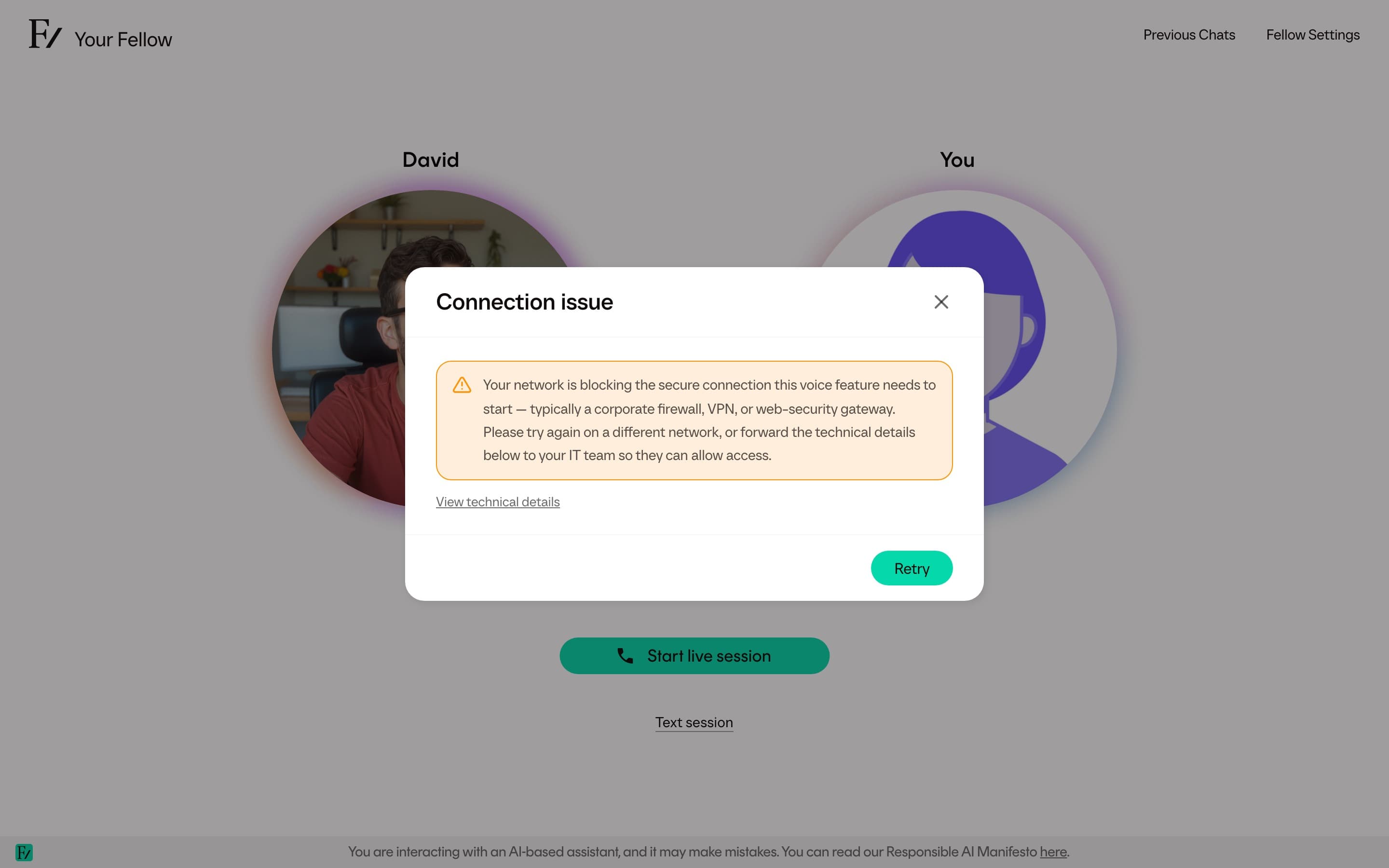 Connection issue dialog with retry and technical details options